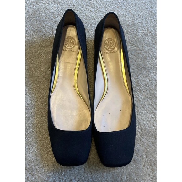 TORY BURCH Women's Regina Shoes Block Heel Square Toe Black Fabric Size 11 M - Picture 2 of 7